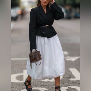 Zara White Poplin Bubble Midi Skirt NWT Cotton Elastic Waist Pockets On Trend M